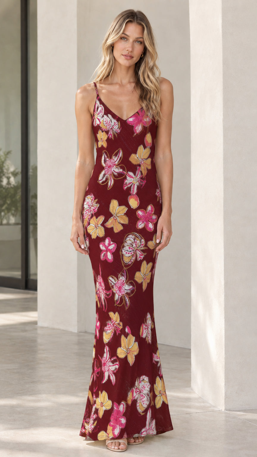 Front view of woman wearing burgundy floral print cami maxi dress