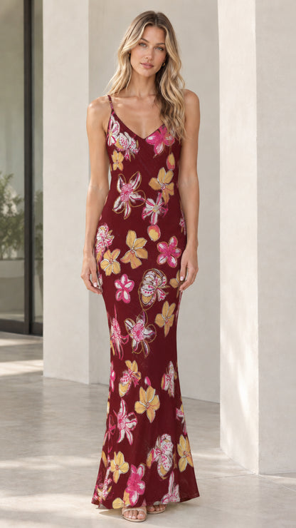 Front view of woman wearing burgundy floral print cami maxi dress