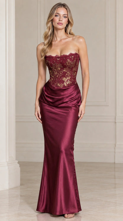 Burgundy wine strapless lace corset draped satin evening gown