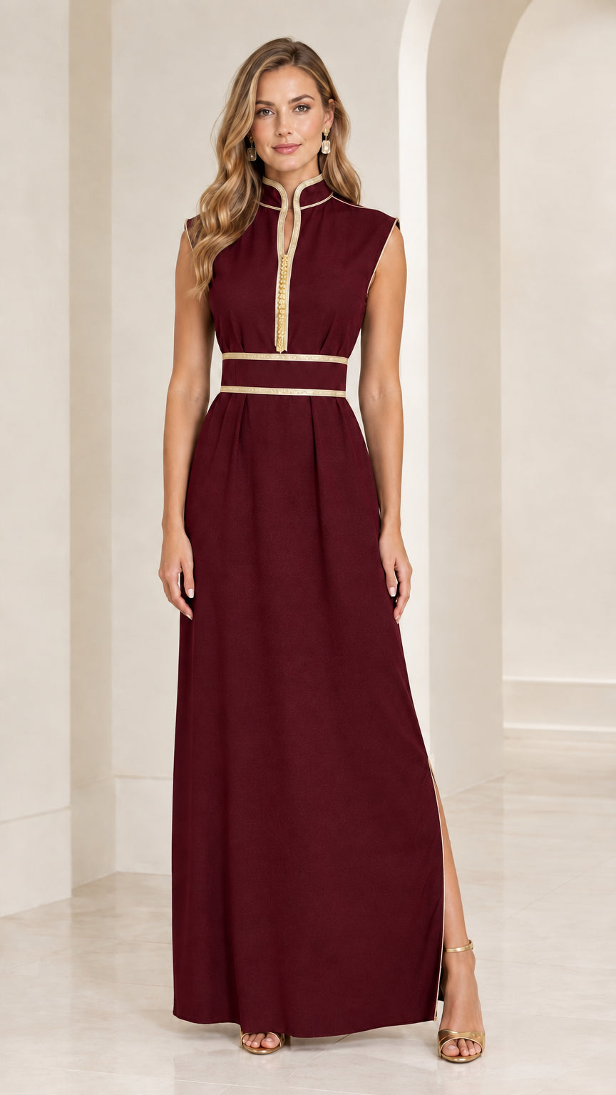 Front view of burgundy wine red sleeveless mandarin collar maxi dress with gold trim