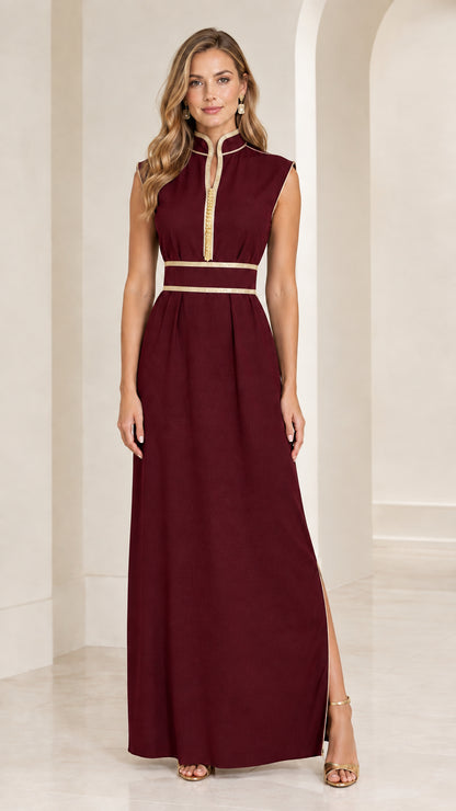 Front view of burgundy wine red sleeveless mandarin collar maxi dress with gold trim