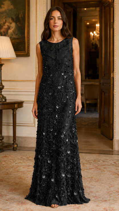 Black sleeveless sequin embellished maxi evening dress front view