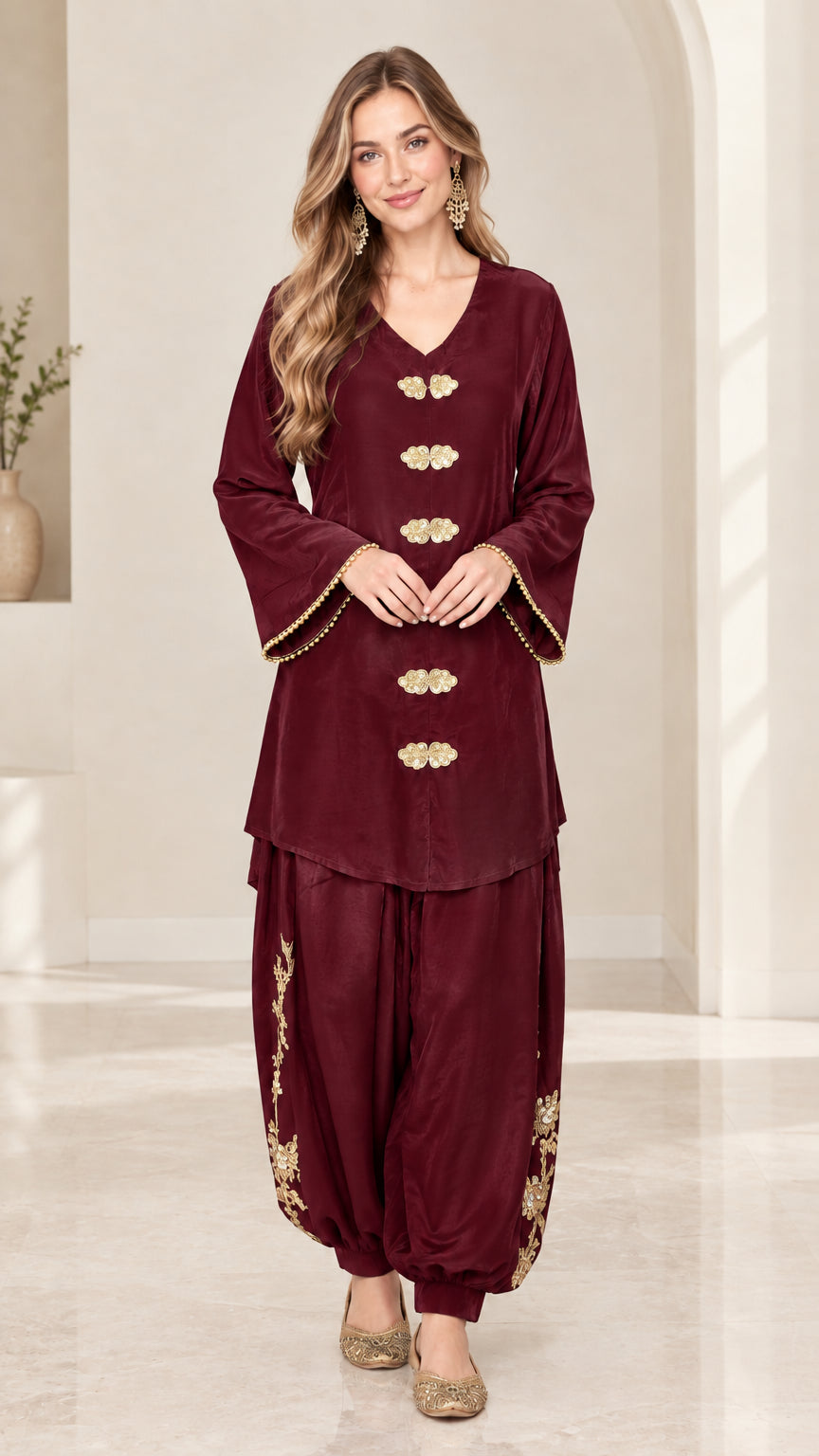 Full front view of maroon wine satin embroidered tunic and salwar co-ord set