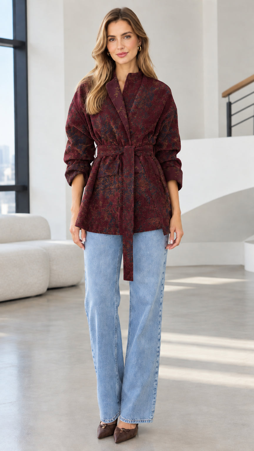 Model wearing deep burgundy wine floral jacquard belted wrap jacket