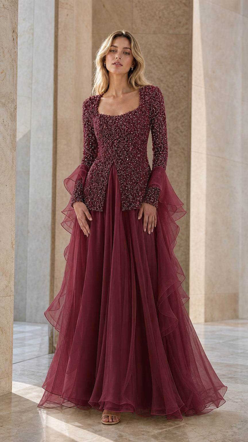 Burgundy wine beaded long sleeve formal evening gown with ruffled skirt
