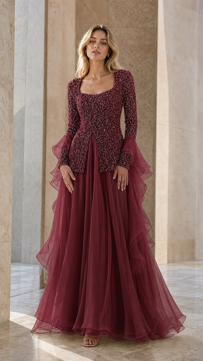 Burgundy wine beaded long sleeve formal evening gown with ruffled skirt