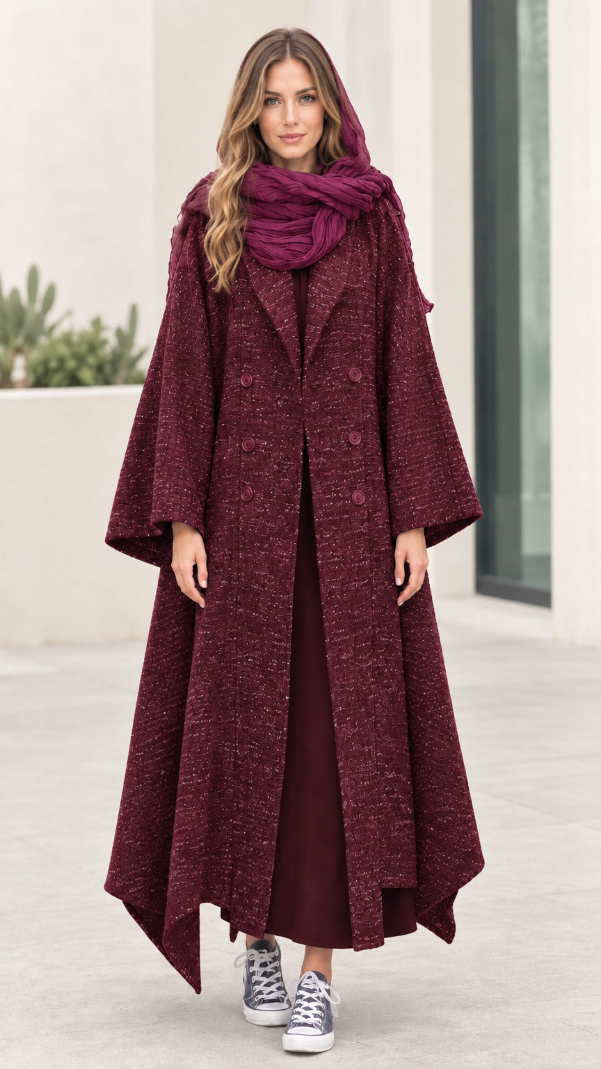Full-length front view of Burgundy wine-colored textured maxi coat