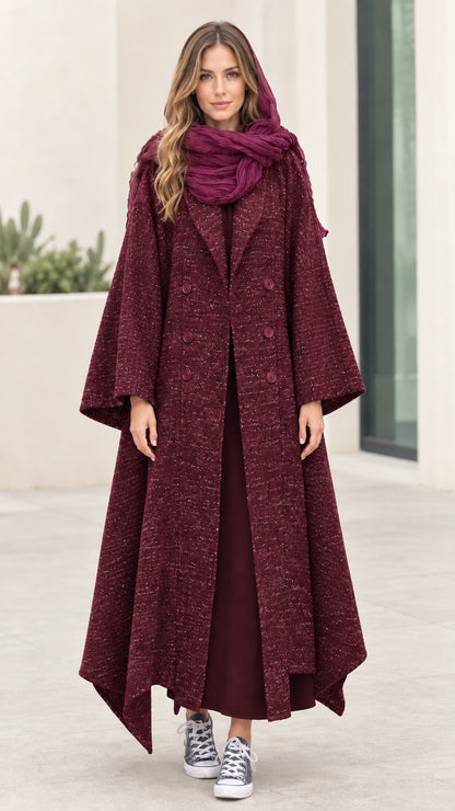 Full-length front view of Burgundy wine-colored textured maxi coat