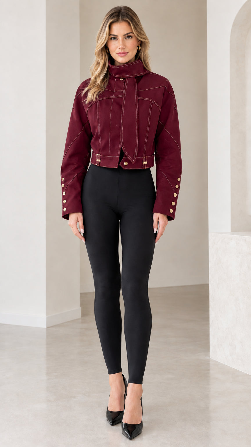 Front full view of Burgundy cropped high-neck jacket with scarf tie accent