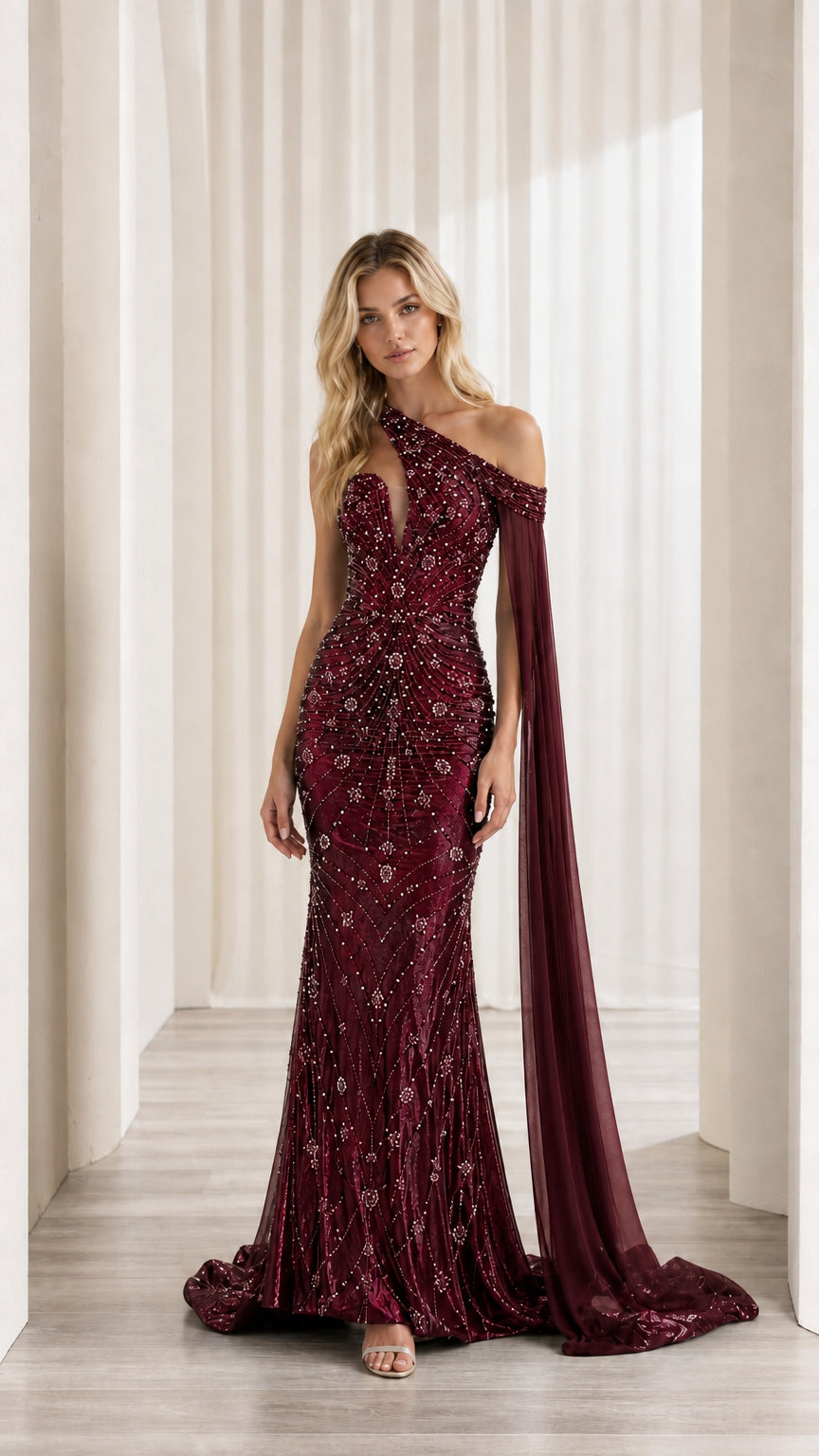 Front view of model wearing burgundy red beaded cape evening dress