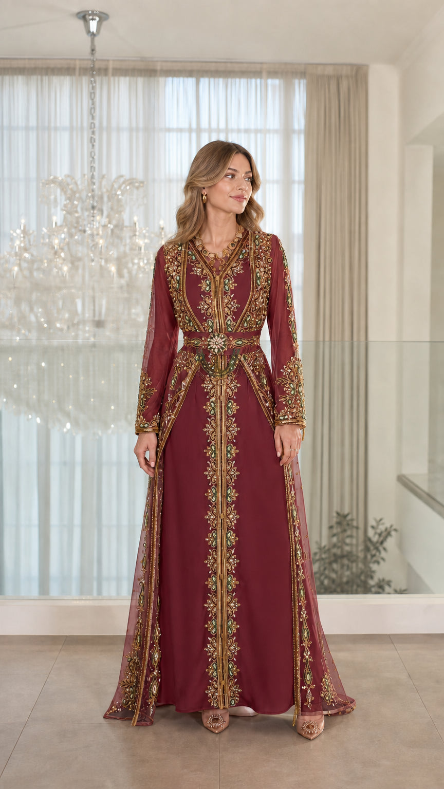 Front view of burgundy wine formal embroidered kaftan maxi dress with matching belt