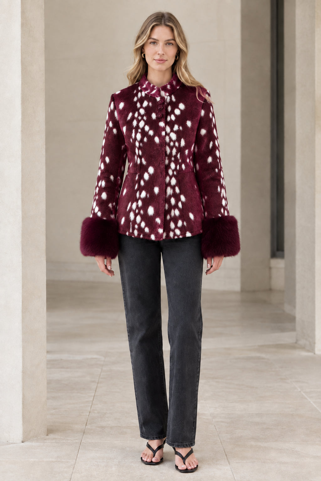 Front view of model wearing burgundy spotted faux fur jacket with plush cuffs