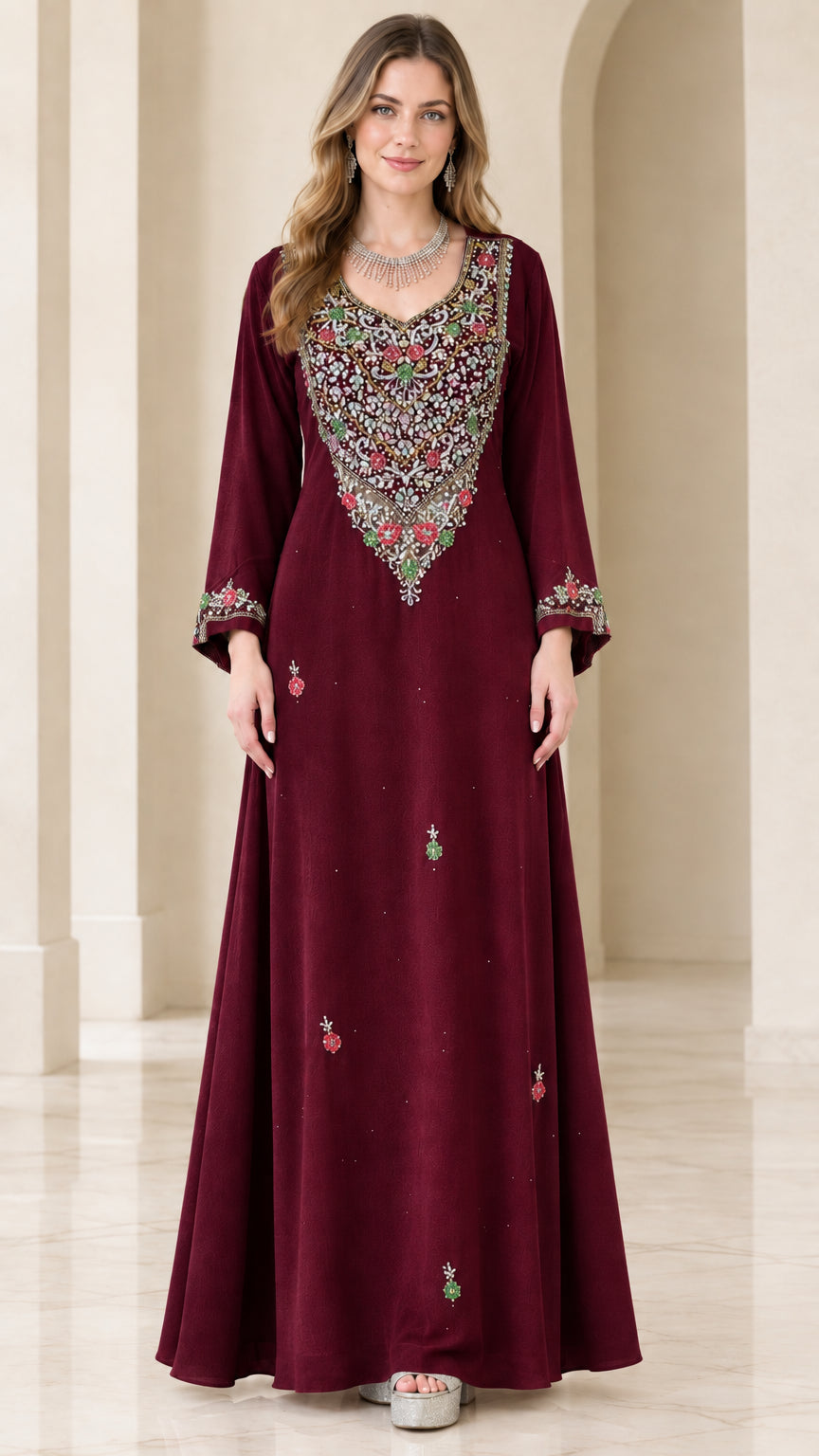 Front full view of burgundy wine embroidered kaftan maxi dress