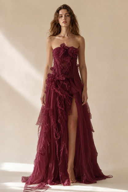 Burgundy variant of the strapless ruffled tulle evening gown