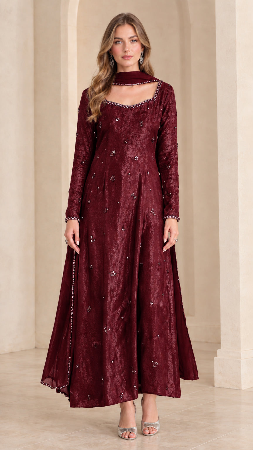Burgundy wine red embellished long sleeve formal gown with scarf