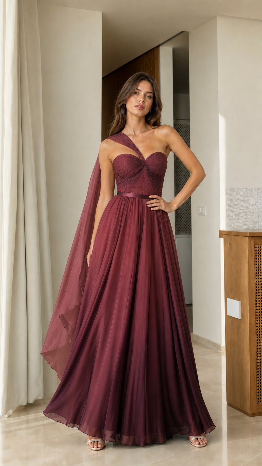 Full front view of solid burgundy wine one-shoulder pleated maxi gown