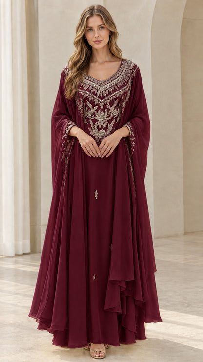 Burgundy wine formal embroidered cape sleeve maxi kaftan dress