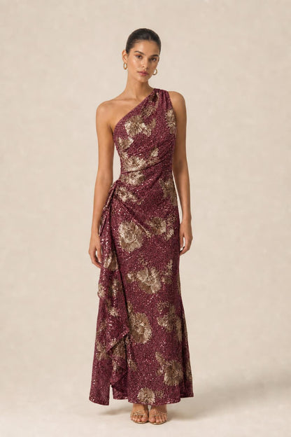 Burgundy color variant of one-shoulder floral sequin evening gown