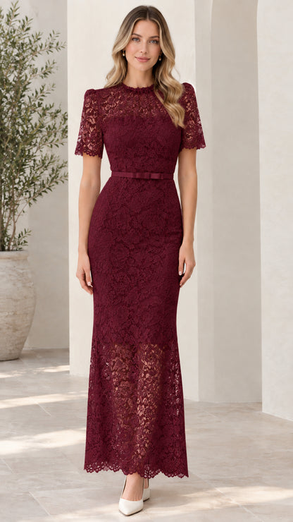 Burgundy short sleeve floral lace maxi gown