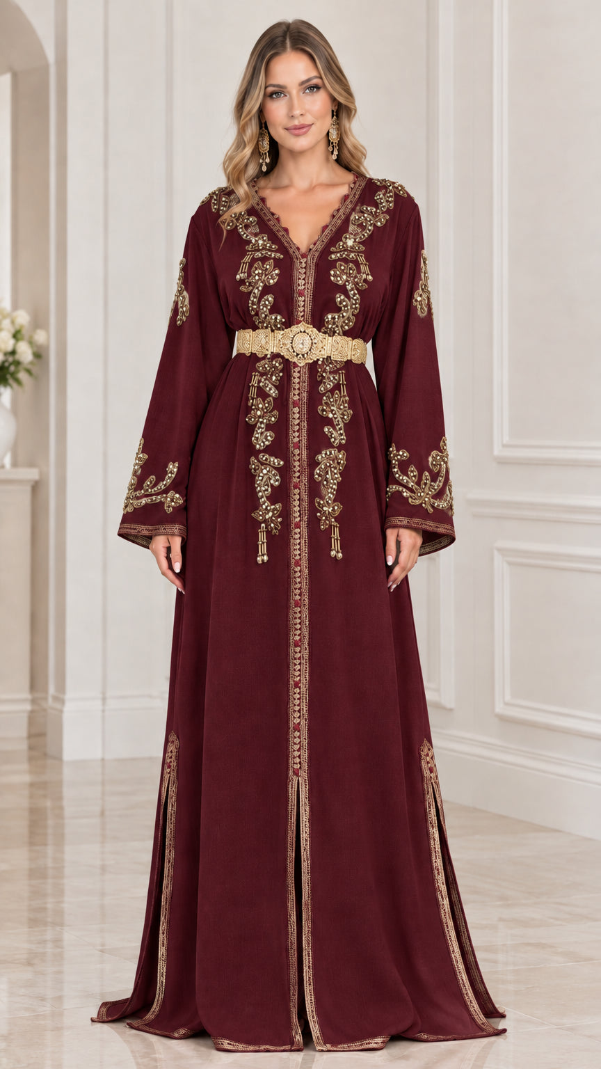 Front view of model wearing Burgundy wine embroidered formal kaftan maxi gown