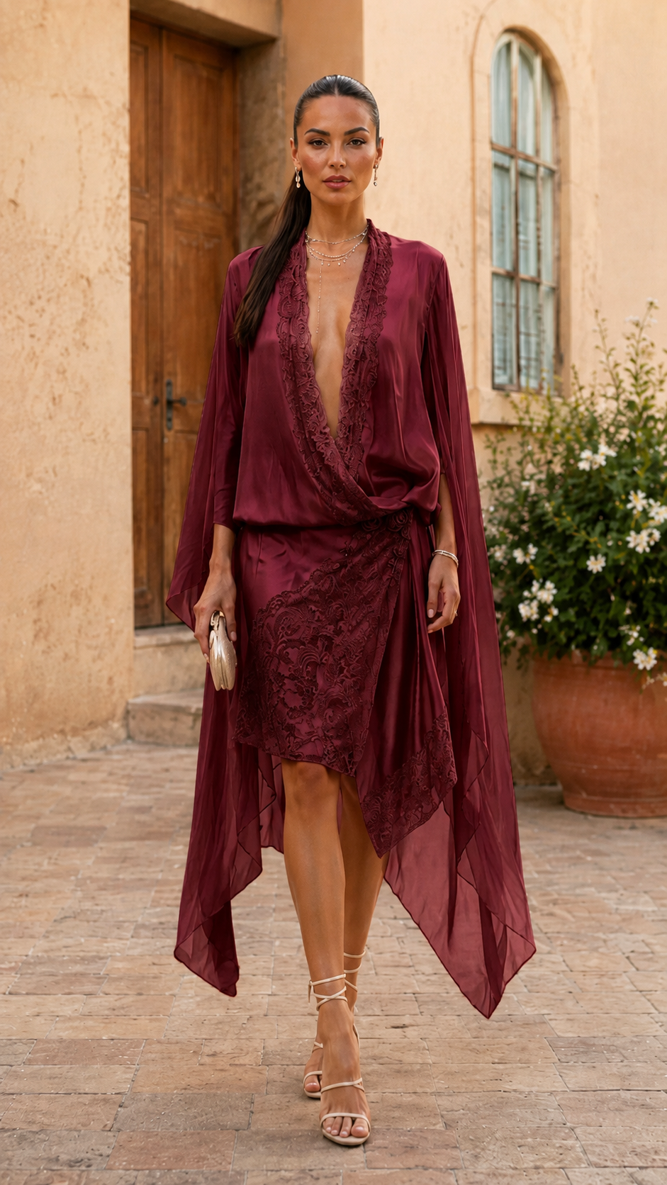 Front view of burgundy draped lace trim cape sleeve midi dress