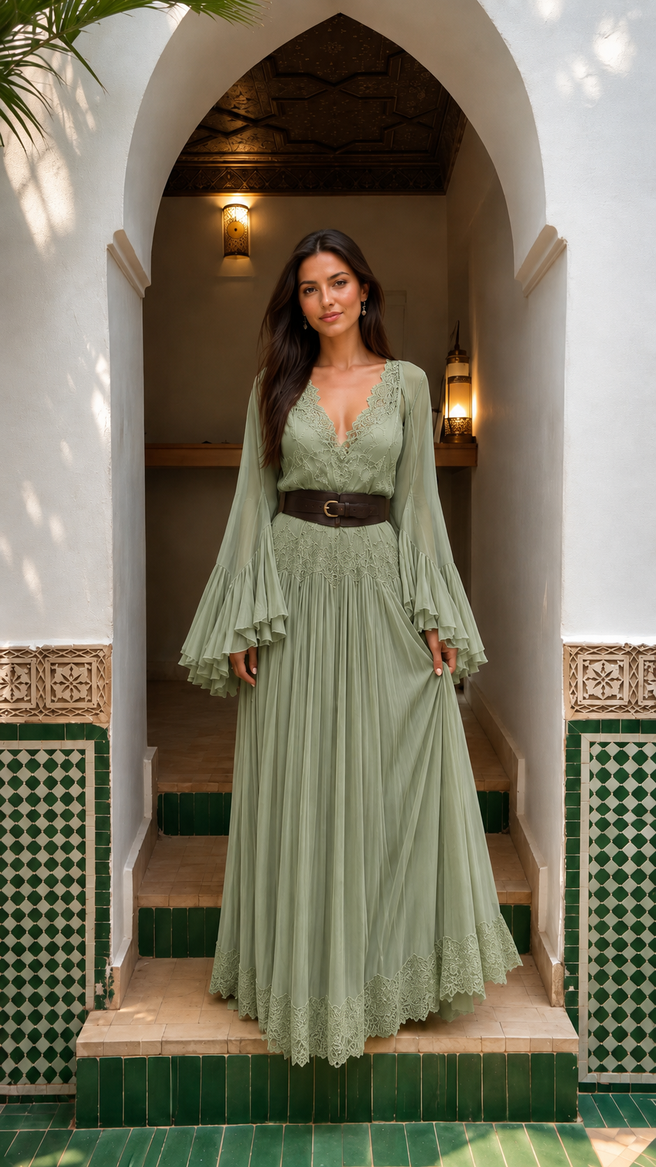 Front view of sage lace trim pleated maxi dress with long bell sleeves and dark waist belt