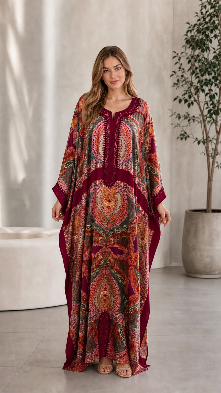 Front view of model wearing Burgundy paisley embroidered kaftan dress