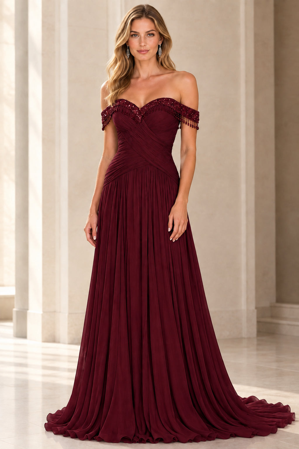 Burgundy wine off-the-shoulder beaded pleated evening dress