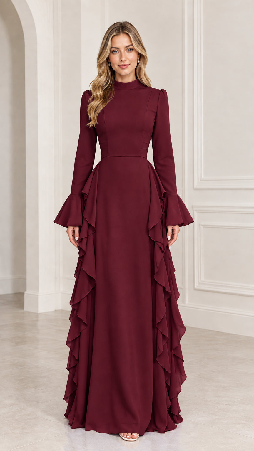 Front view of woman wearing Burgundy mock neck evening gown with cascading ruffles
