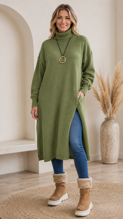 Olive green sweater midi dress with side slit and button trim