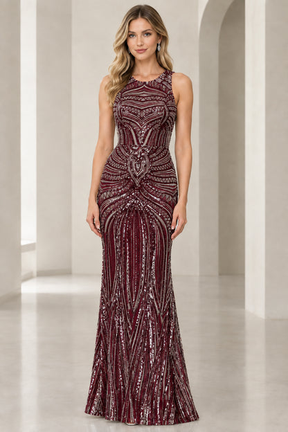 Front view of burgundy red sequined sleeveless formal mermaid gown on model