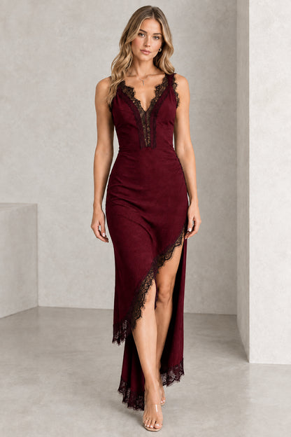 Burgundy red sleeveless evening gown with black lace trim and high slit
