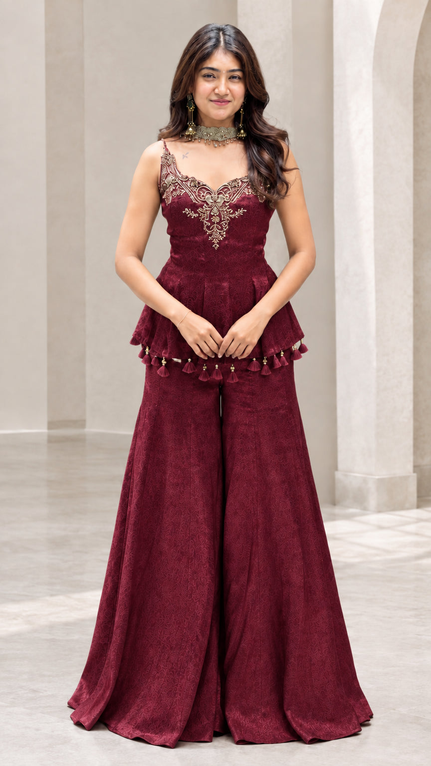 Front view of woman wearing wine red embroidered peplum sharara pants set