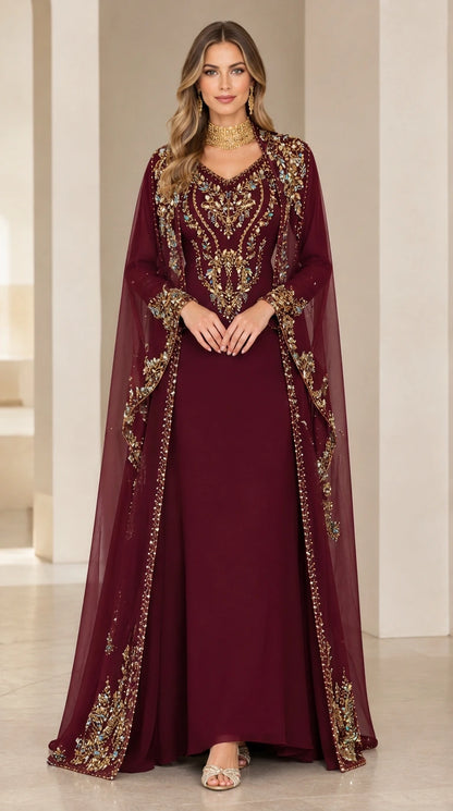 Full-length front view of burgundy red embellished cape evening maxi dress