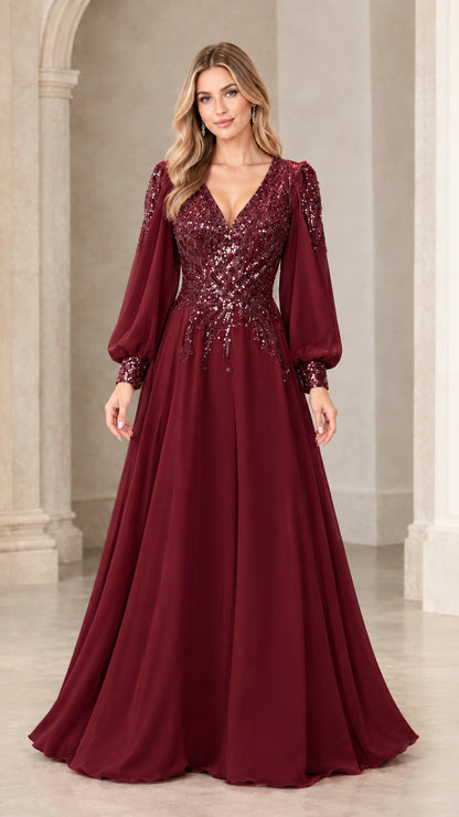 Front view of model wearing burgundy wine red long sleeve sequin evening dress