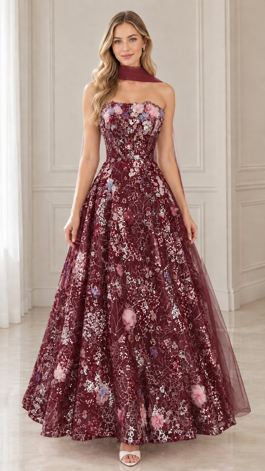 Model wearing burgundy wine floral sequined strapless evening gown
