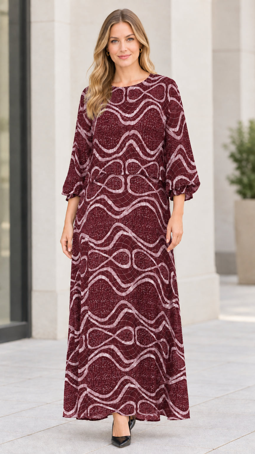 Burgundy wine red abstract wave print long sleeve maxi dress