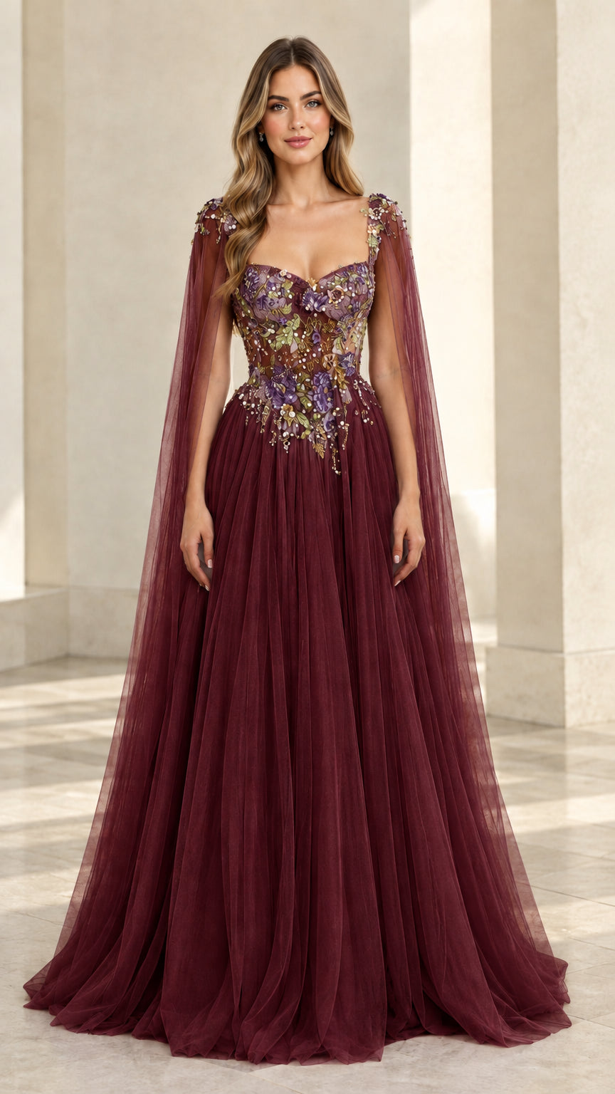 Burgundy wine tulle formal ballgown with floral appliqué bodice and capes