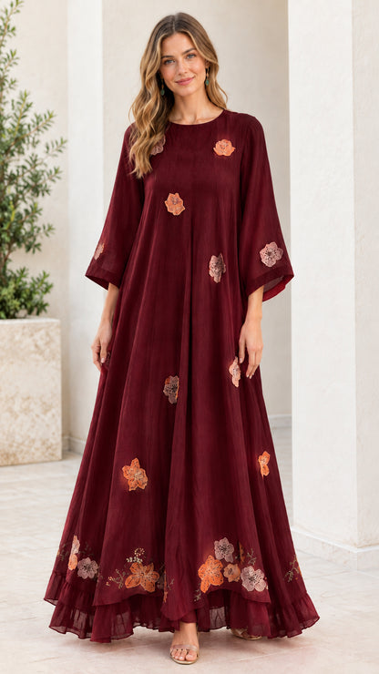Burgundy floral applique tiered floor-length dress