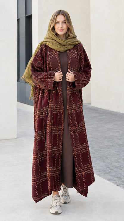 Full length view of burgundy wine red check maxi duster coat