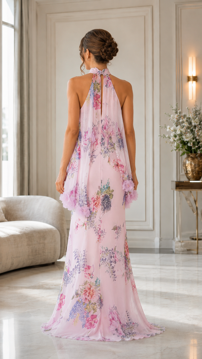 Back view of blush pink floral halter maxi dress showing halter fastening and long silhouette