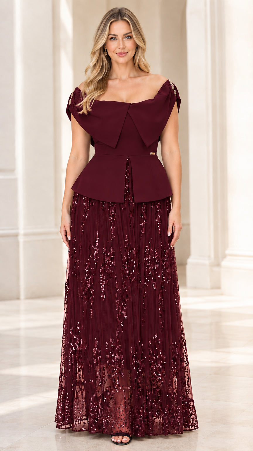 Burgundy wine off-the-shoulder peplum sequined evening gown