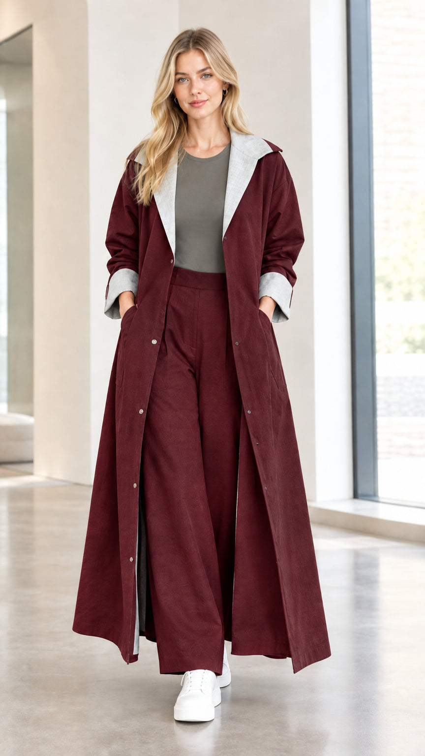 Model wearing burgundy wine red full-length trench duster coat