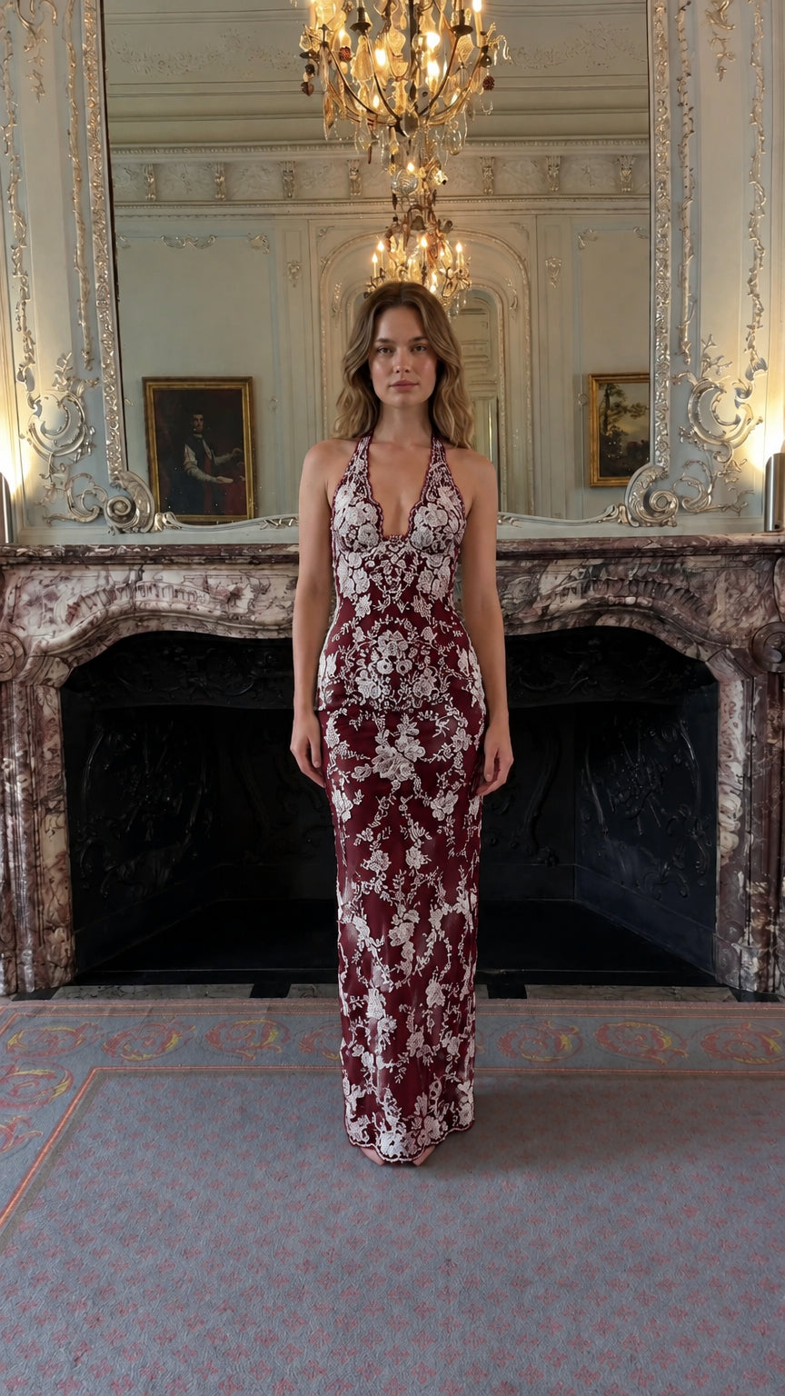 Burgundy wine red floral lace halter evening dress