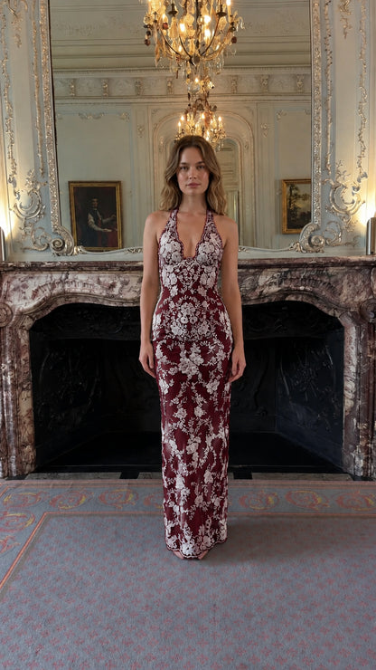 Burgundy wine red floral lace halter evening dress