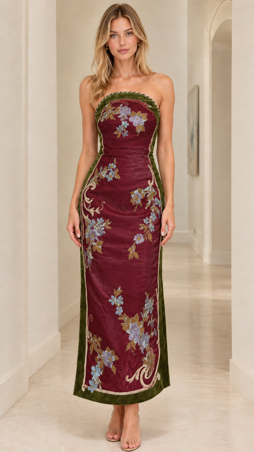 Front view of burgundy strapless floral embroidered evening maxi dress