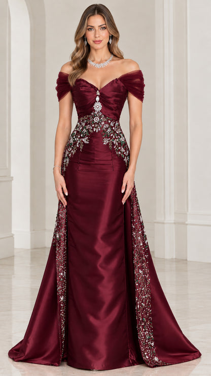 Front view of burgundy wine satin formal gown with beaded bodice embellishment