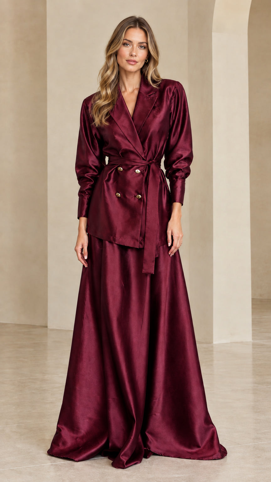 Woman wearing deep burgundy satin blazer and maxi skirt set