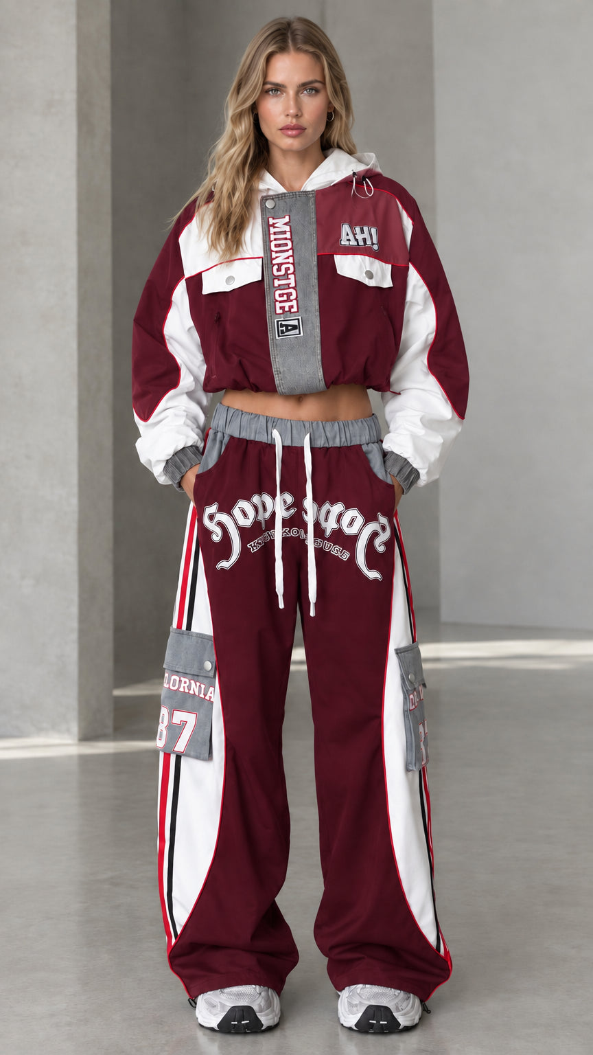 Burgundy wine red women's two-piece cropped tracksuit and cargo pants set