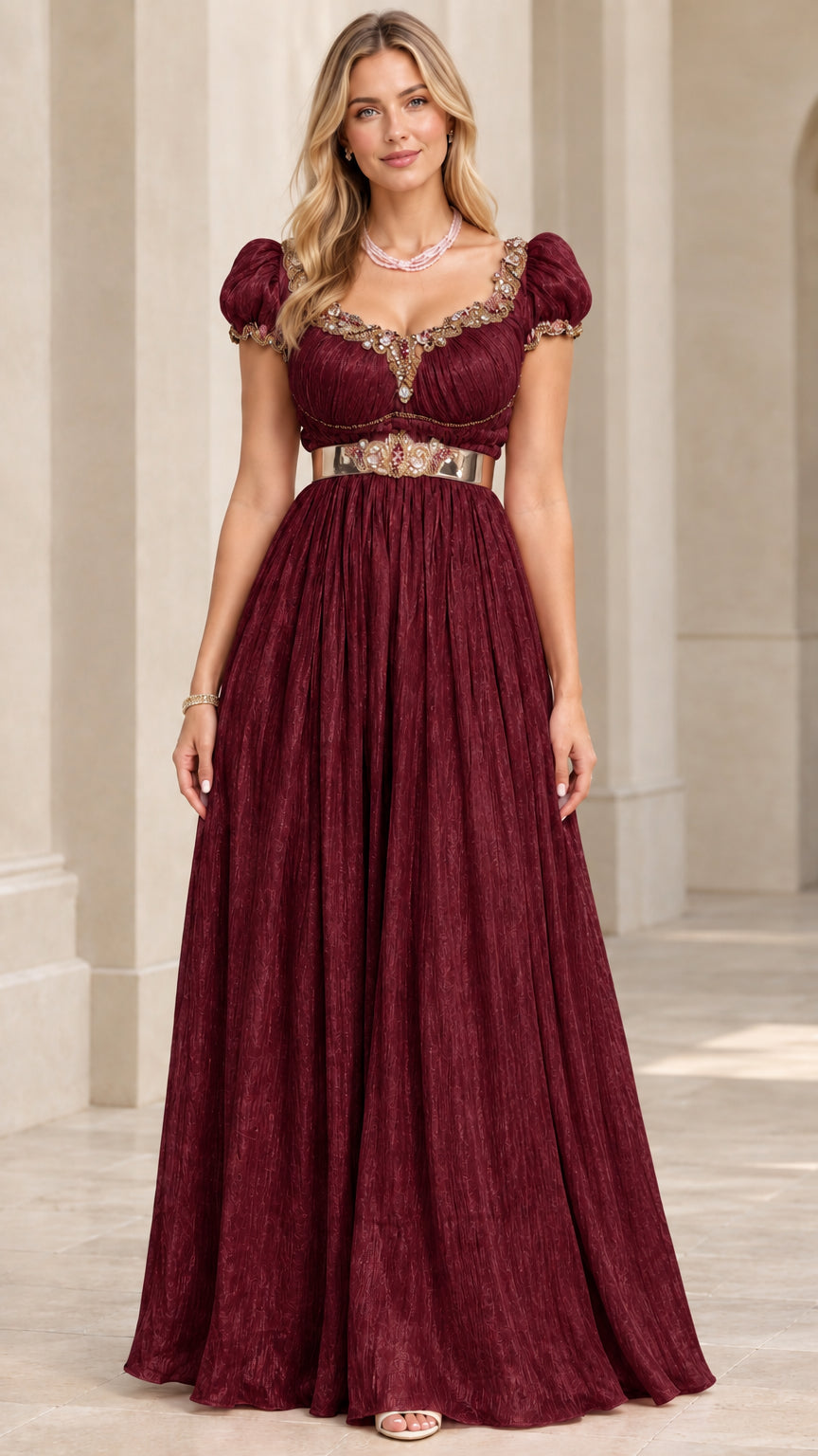 Burgundy wine empire waist formal maxi dress with crystal-embellished trim